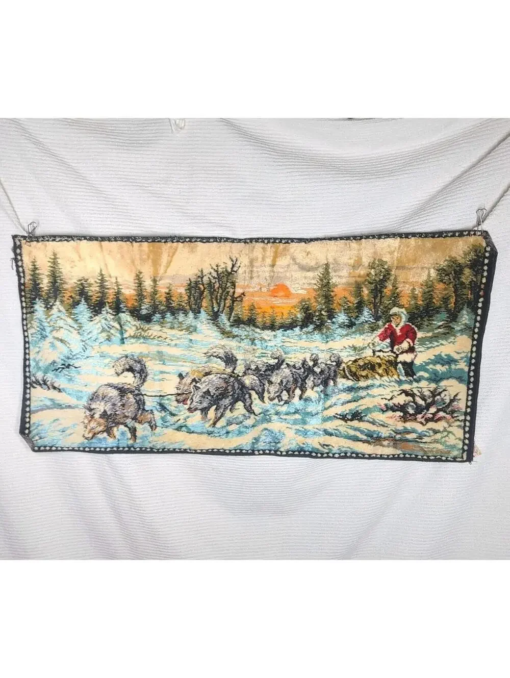 Vtg Velvet Tapestry Cotton Wall Art 41x20” Winter Sleigh Dogs Scene Retro
